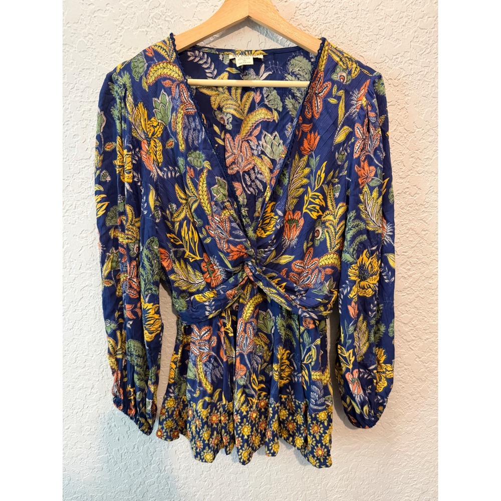 Sky And Sand Floral Twist Front Blouse Small Boho Peplum V-Neck Long Sleeve